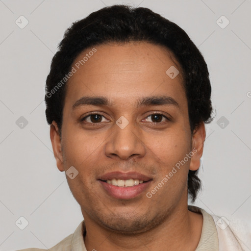 Joyful latino young-adult male with short  black hair and brown eyes