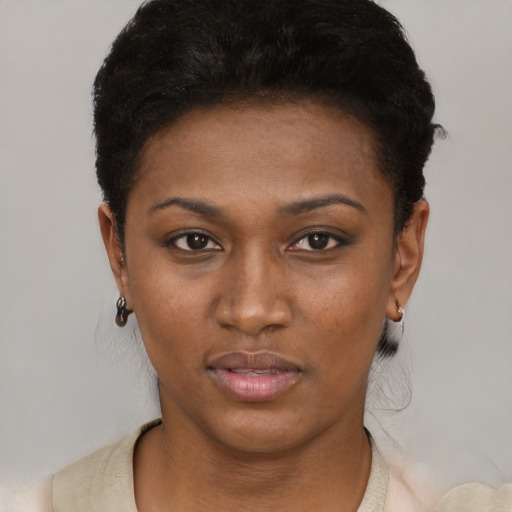 Neutral black young-adult female with short  black hair and brown eyes
