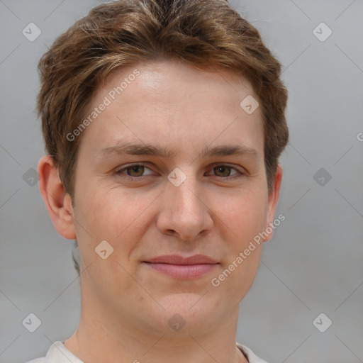 Joyful white young-adult female with short  brown hair and grey eyes