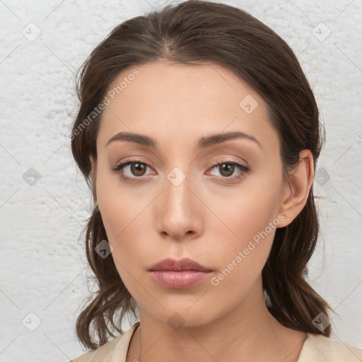 Neutral white young-adult female with medium  brown hair and brown eyes