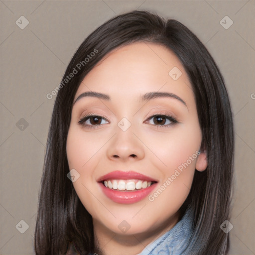 Joyful white young-adult female with long  black hair and brown eyes