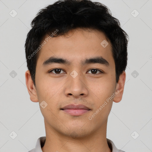 Neutral asian young-adult male with short  black hair and brown eyes