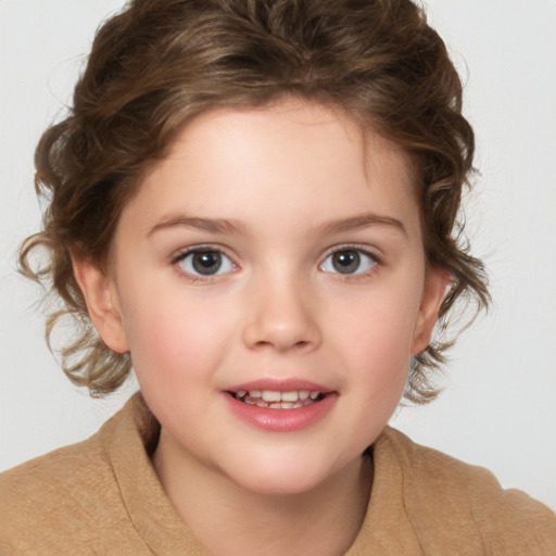 Joyful white child female with medium  brown hair and brown eyes