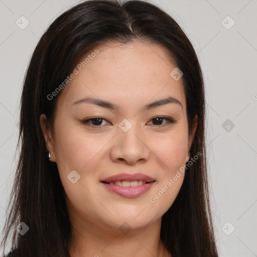 Joyful white young-adult female with long  brown hair and brown eyes