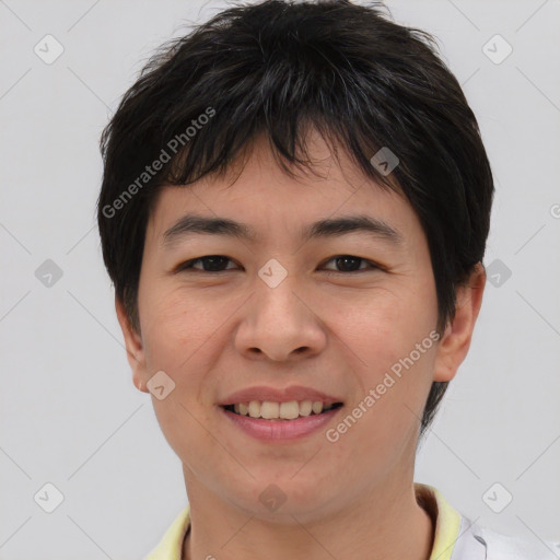 Joyful asian young-adult female with short  brown hair and brown eyes