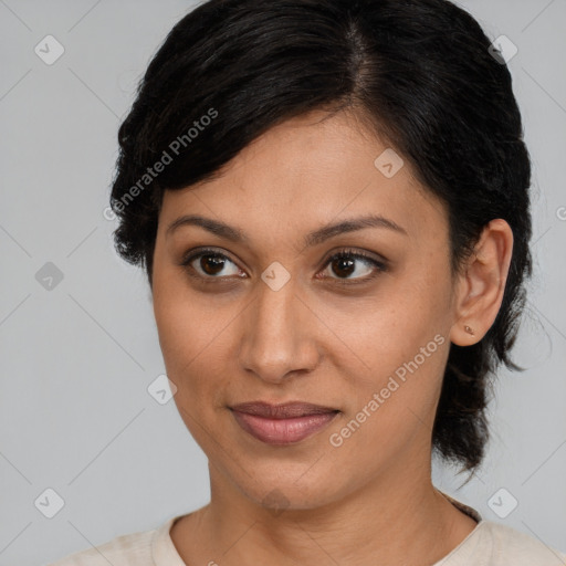 Joyful latino young-adult female with medium  brown hair and brown eyes