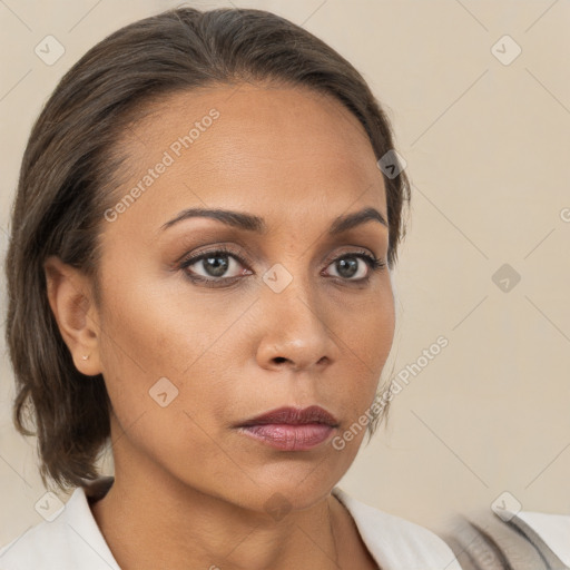 Neutral white young-adult female with medium  brown hair and brown eyes