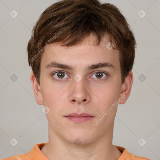 Neutral white young-adult male with short  brown hair and brown eyes