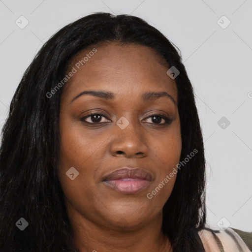 Joyful asian young-adult female with long  brown hair and brown eyes