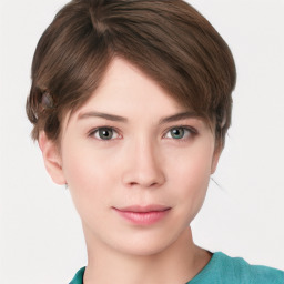 Neutral white young-adult female with short  brown hair and brown eyes