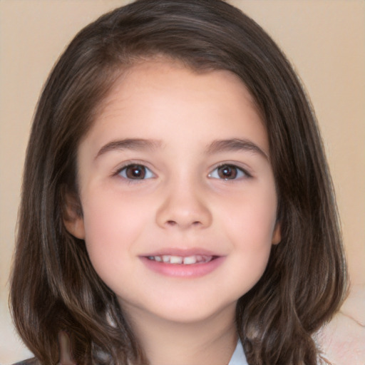 Joyful white child female with medium  brown hair and brown eyes