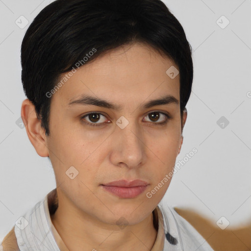 Neutral white young-adult female with short  brown hair and brown eyes