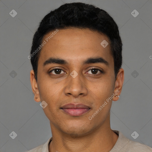 Joyful latino young-adult male with short  black hair and brown eyes