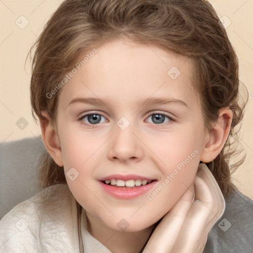 Joyful white child female with medium  brown hair and brown eyes