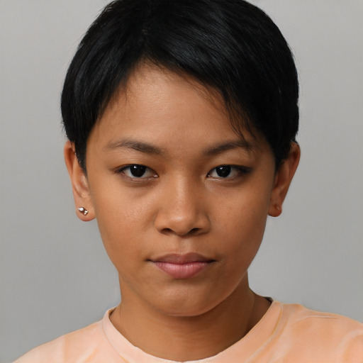 Neutral asian young-adult female with short  brown hair and brown eyes