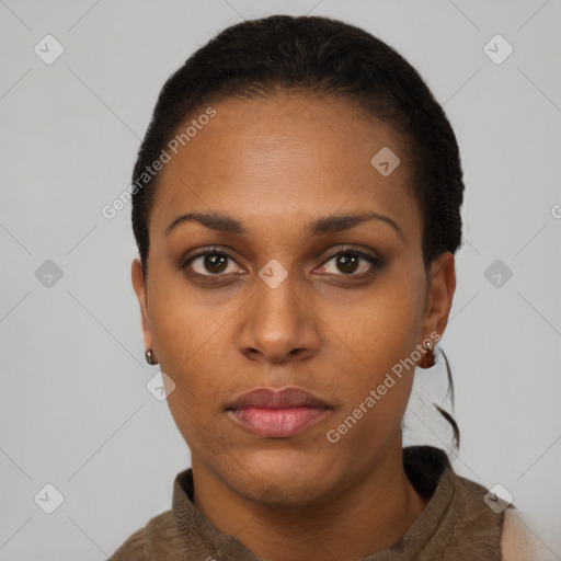 Neutral black young-adult female with short  black hair and brown eyes