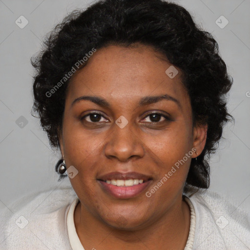Joyful black adult female with short  brown hair and brown eyes