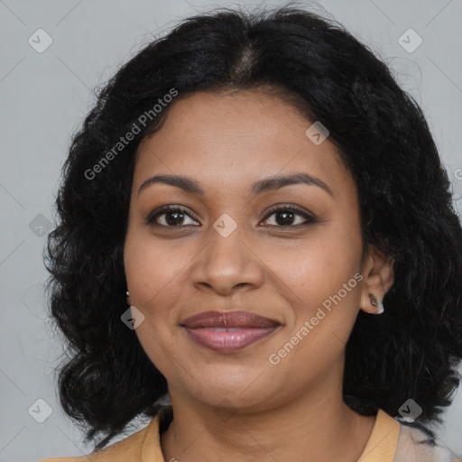 Joyful black young-adult female with long  black hair and brown eyes