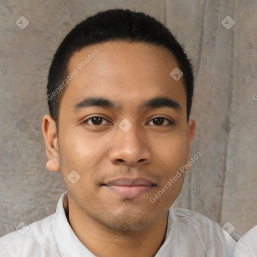 Joyful latino young-adult male with short  black hair and brown eyes