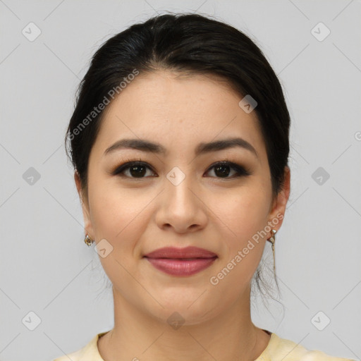 Joyful white young-adult female with medium  brown hair and brown eyes