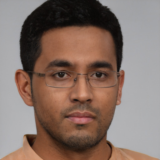 Neutral latino young-adult male with short  brown hair and brown eyes
