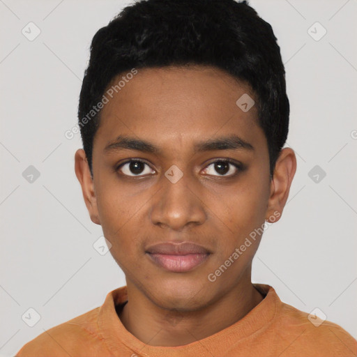 Neutral black young-adult male with short  black hair and brown eyes