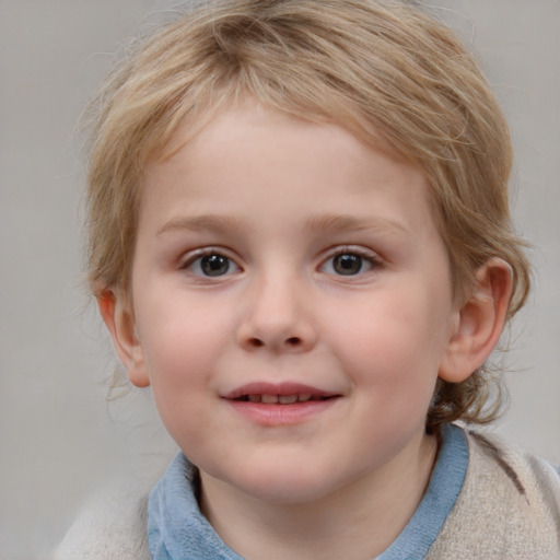 Joyful white child female with medium  brown hair and blue eyes