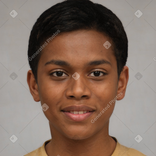 Joyful latino young-adult female with short  black hair and brown eyes