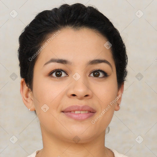 Joyful asian young-adult female with short  brown hair and brown eyes