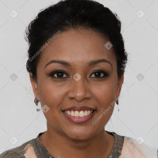 Joyful latino young-adult female with short  brown hair and brown eyes