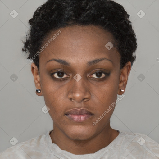 Neutral black young-adult female with short  black hair and brown eyes