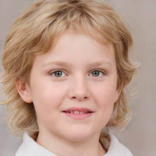 Joyful white child female with medium  blond hair and blue eyes