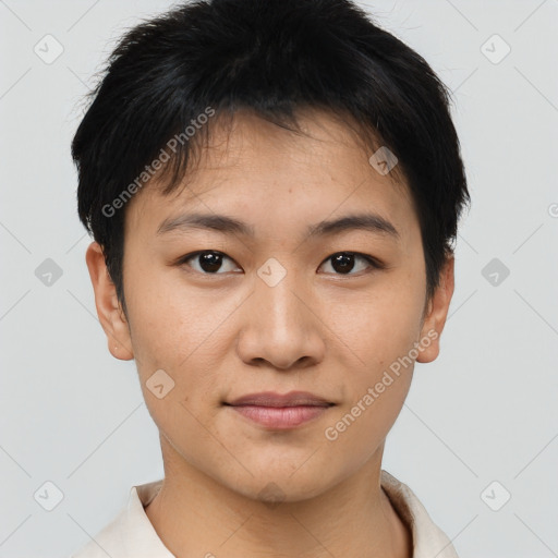 Joyful asian young-adult female with short  brown hair and brown eyes