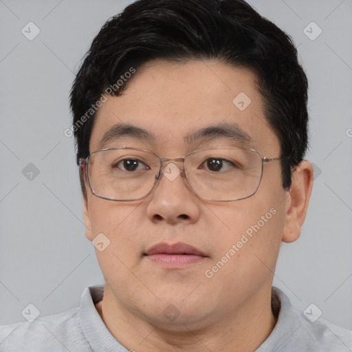 Neutral asian adult male with short  brown hair and brown eyes