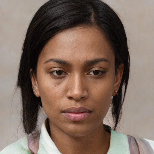 Neutral asian young-adult female with medium  black hair and brown eyes