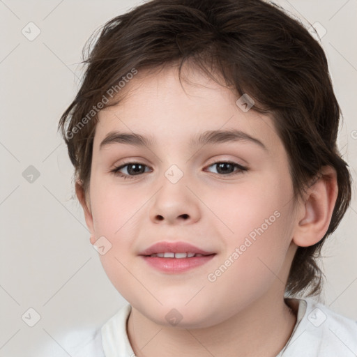 Joyful white child female with medium  brown hair and brown eyes