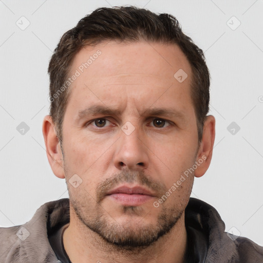 Neutral white adult male with short  brown hair and brown eyes