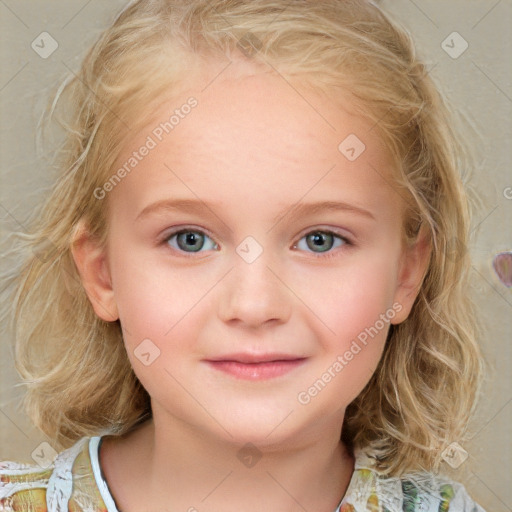 Joyful white child female with medium  blond hair and blue eyes