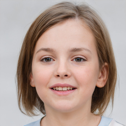 Joyful white child female with medium  brown hair and blue eyes