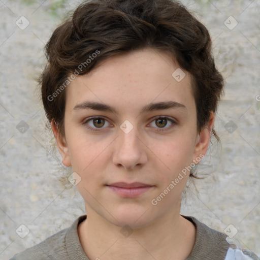 Neutral white young-adult female with short  brown hair and brown eyes