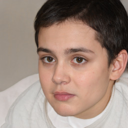 Neutral white young-adult female with short  brown hair and brown eyes