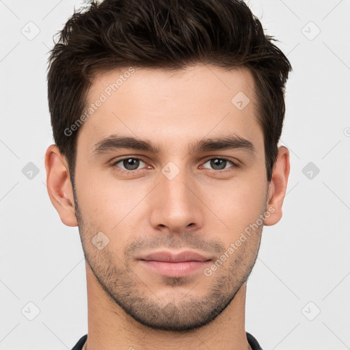 Neutral white young-adult male with short  brown hair and brown eyes