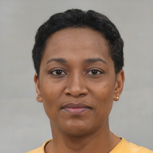 Joyful black young-adult female with short  black hair and brown eyes