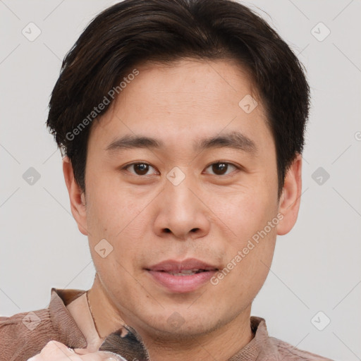 Neutral white young-adult male with short  brown hair and brown eyes