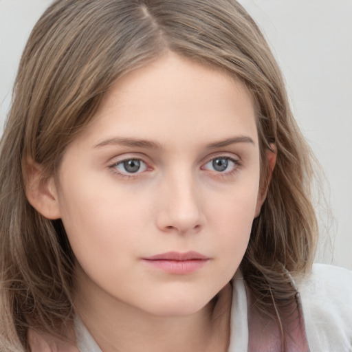 Neutral white young-adult female with long  brown hair and grey eyes