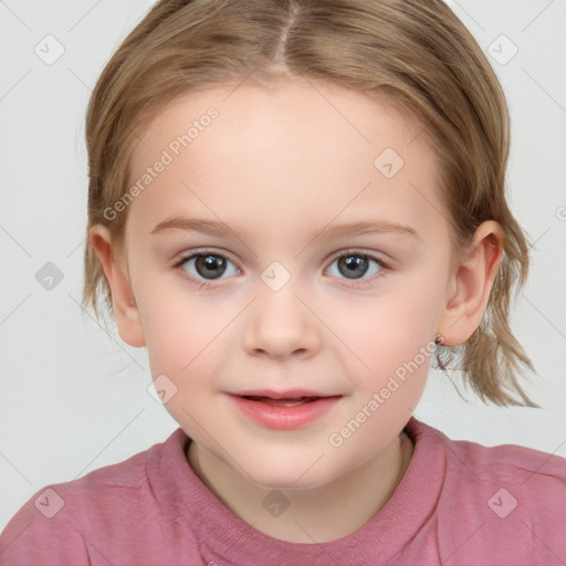 Joyful white child female with medium  brown hair and brown eyes