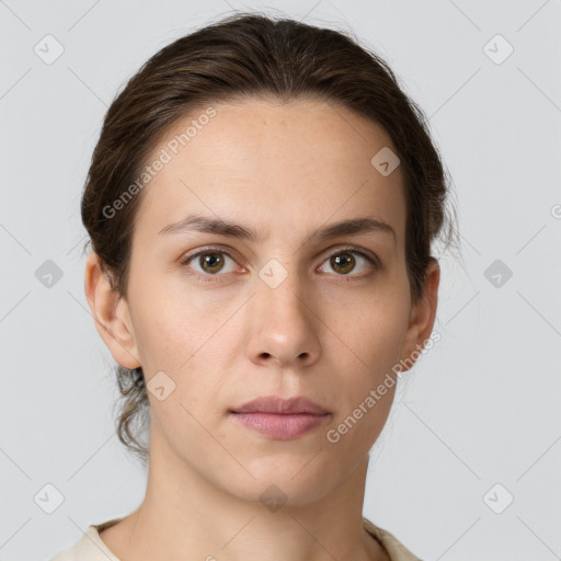 Neutral white young-adult female with medium  brown hair and brown eyes