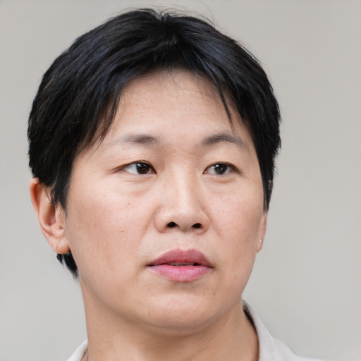 Neutral asian adult male with short  brown hair and brown eyes