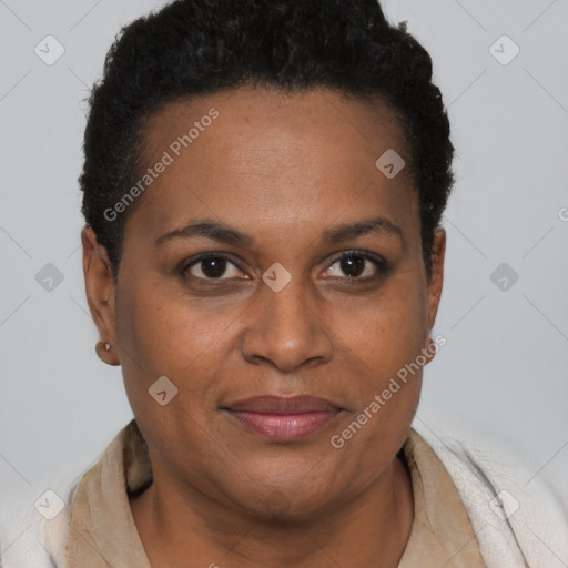 Joyful black adult female with short  brown hair and brown eyes