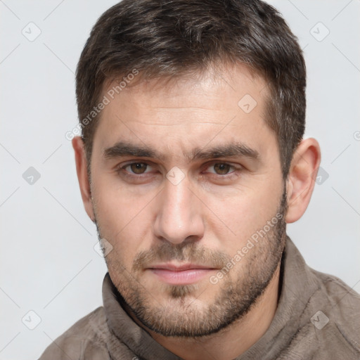 Neutral white adult male with short  brown hair and brown eyes